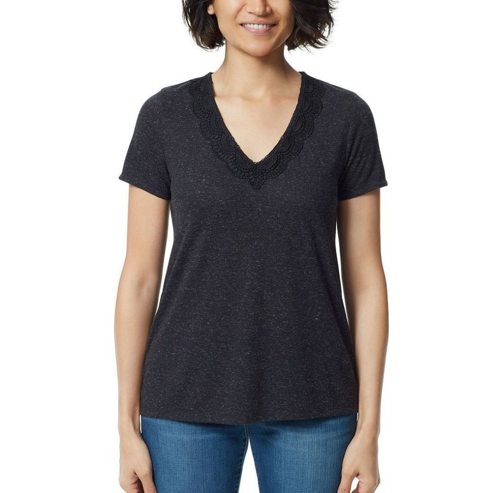 Ella Moss Womens Short Sleeve V-Neck Lace Top - Black*